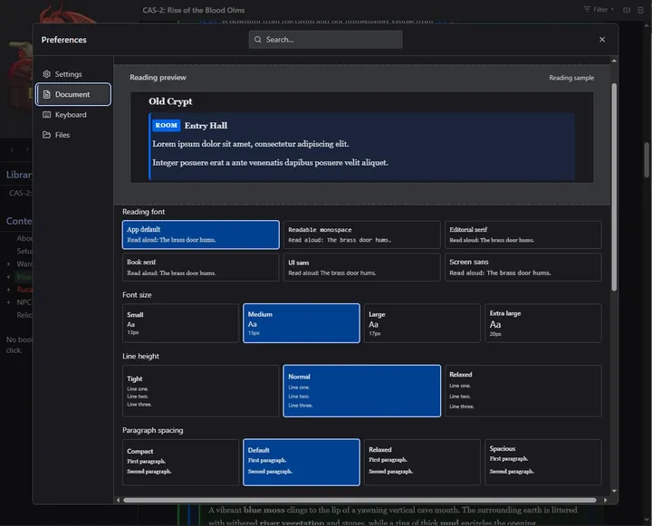 Dragon's Desk Preferences window on the Document tab, with a reading preview of a room block above options for reading font, font size, line height, and paragraph spacing.