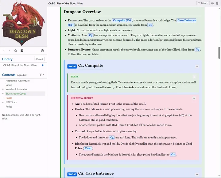 A page of the GMX module Rise of the Blood Olms in the default style: serif text, color-coded room blocks with Terse and Hidden & Secret sections, and linked room tags.