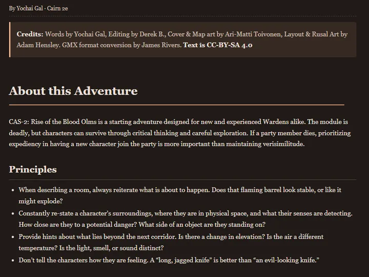 The opening of Rise of the Blood Olms in GMX: a credits box, the About this Adventure heading, and a list of principles for the Warden.